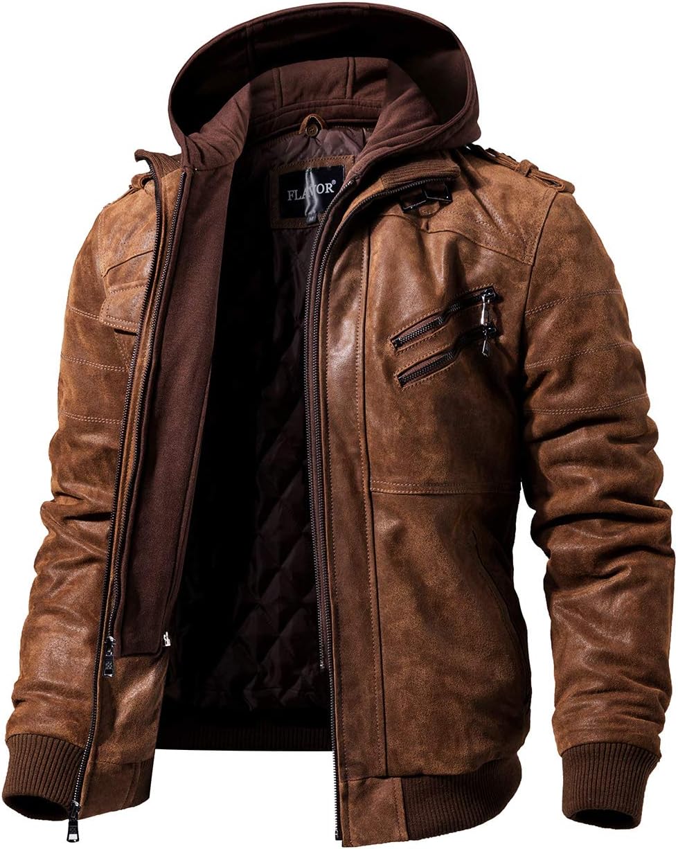 FLAVOR Men's Real Leather Jacket with Removable Hood Brown Genuine Leather XXL B...