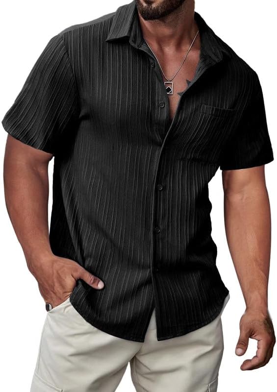 JMIERR Men's Button Down Shirts Textured Short Sleeve Casual Summer Hawaiian Bea...