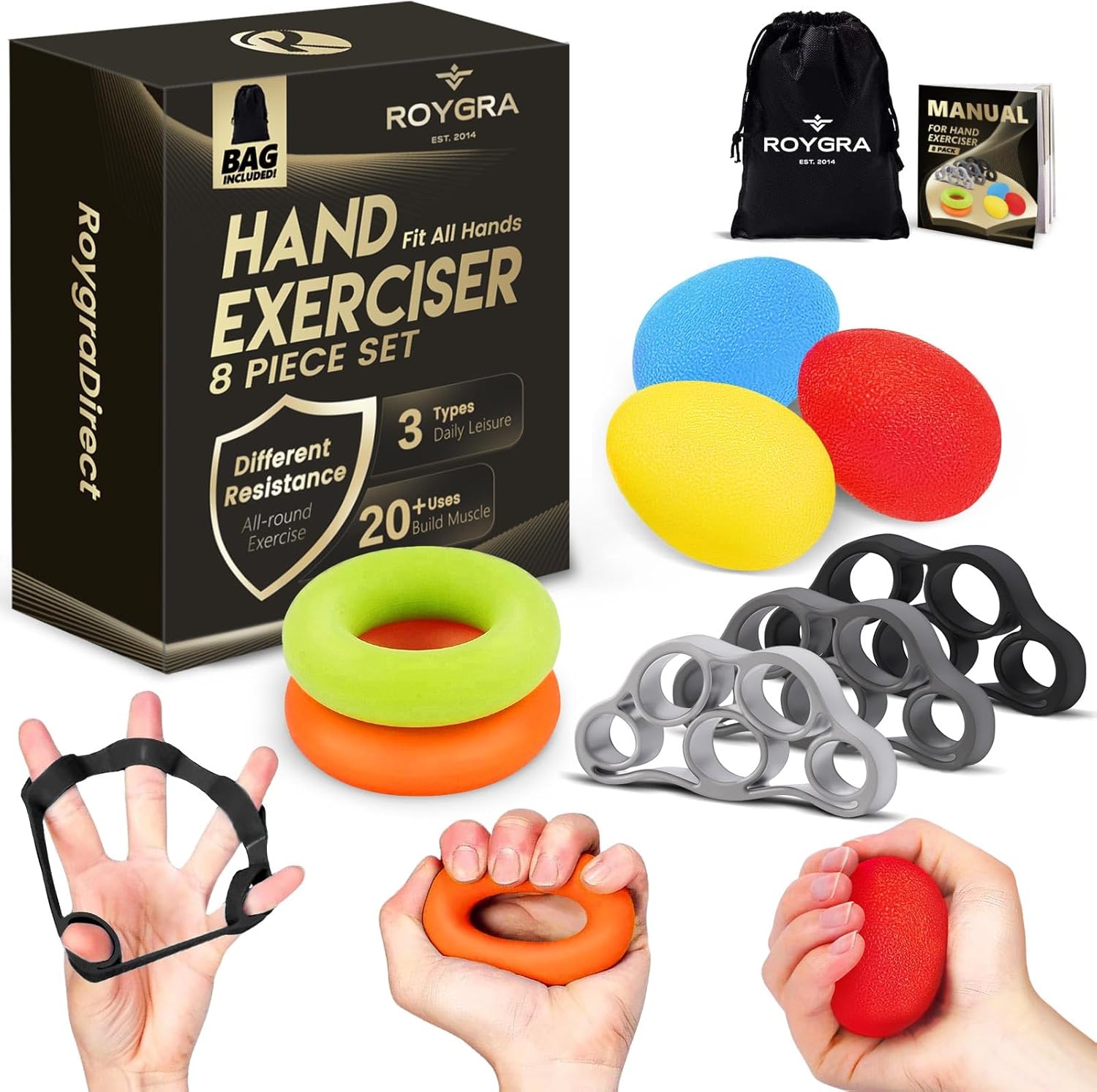 roygra Hand Grip Strengthener, Finger Exerciser, Multiple Resistance Levels Kit...