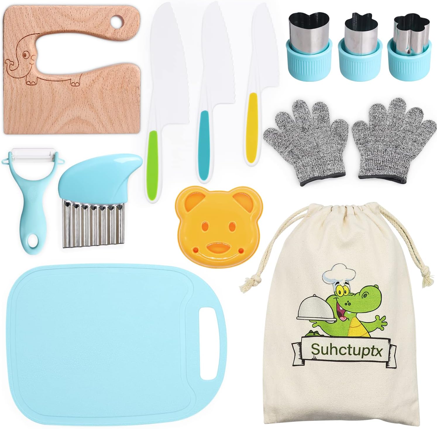 14 Pieces Wooden Kitchen Knife Set with Gloves Cutting Board Fruit Vegetable Cri...