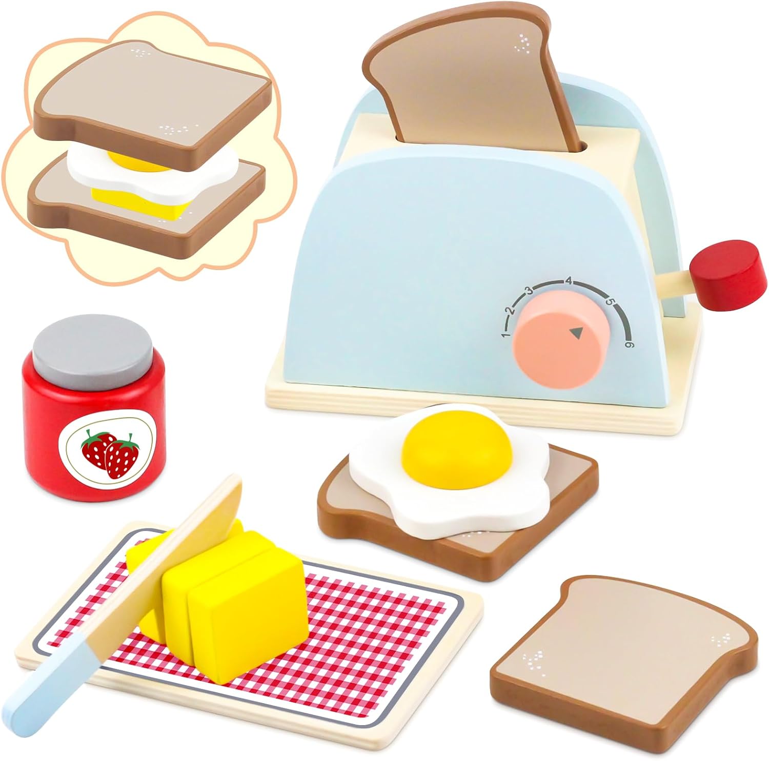 Airlab Wooden Pop-Up Toaster Toy Play Set for Kids, 10 Pcs Wooden Play Food and...