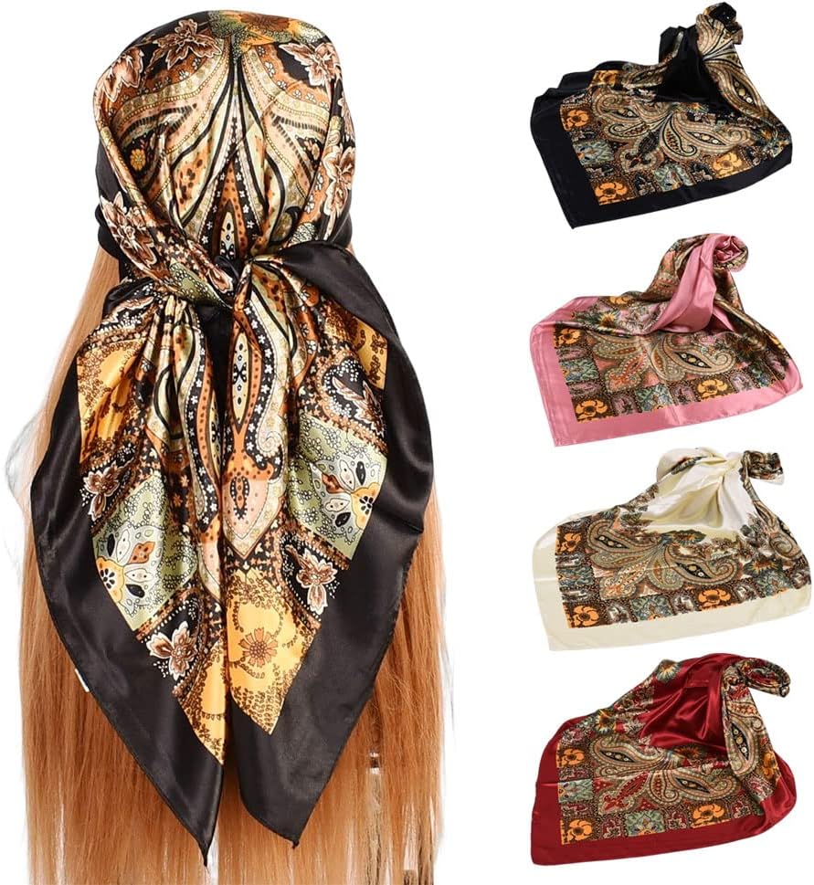 4Pcs Silk Head Scarves for Women Satin Hair Scarf 35”Large Square Bandana Silk L...