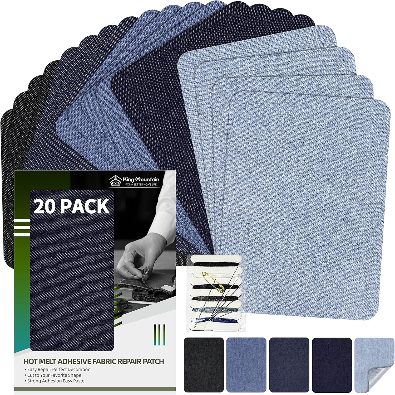 KING MOUNTAIN Iron-on Repair Patch 20 Pcs Pack,Denim Patches for Jeans Kit 3" by...