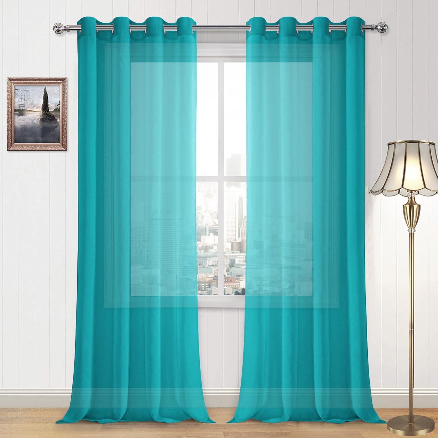 DWCN Turquoise Faux Linen Sheer Curtains - Grommet Voile Window Curtain Drapes f...