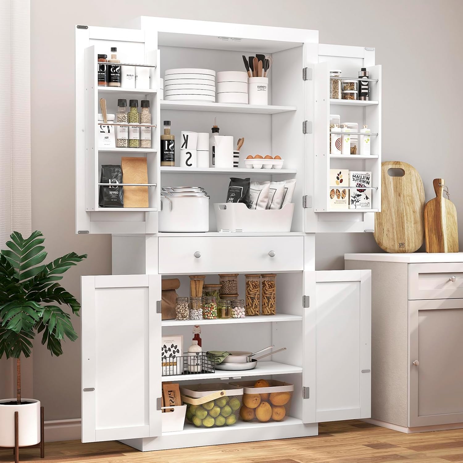 usikey 72” Kitchen Pantry Cabinet, Tall Storage Cabinet with 4 Doors and 1 Drawe...