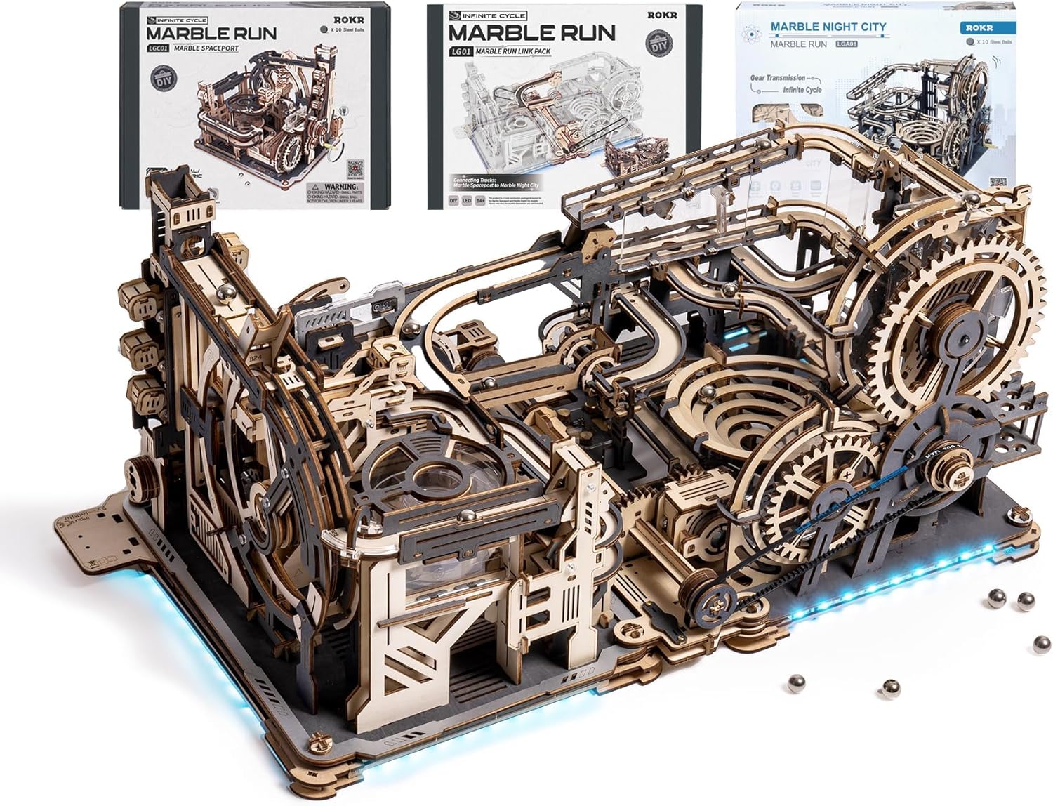 ROKR 3 in 1 Electric Wooden Marble Run, 3D Puzzles for Adults, Wood Model Buildi...