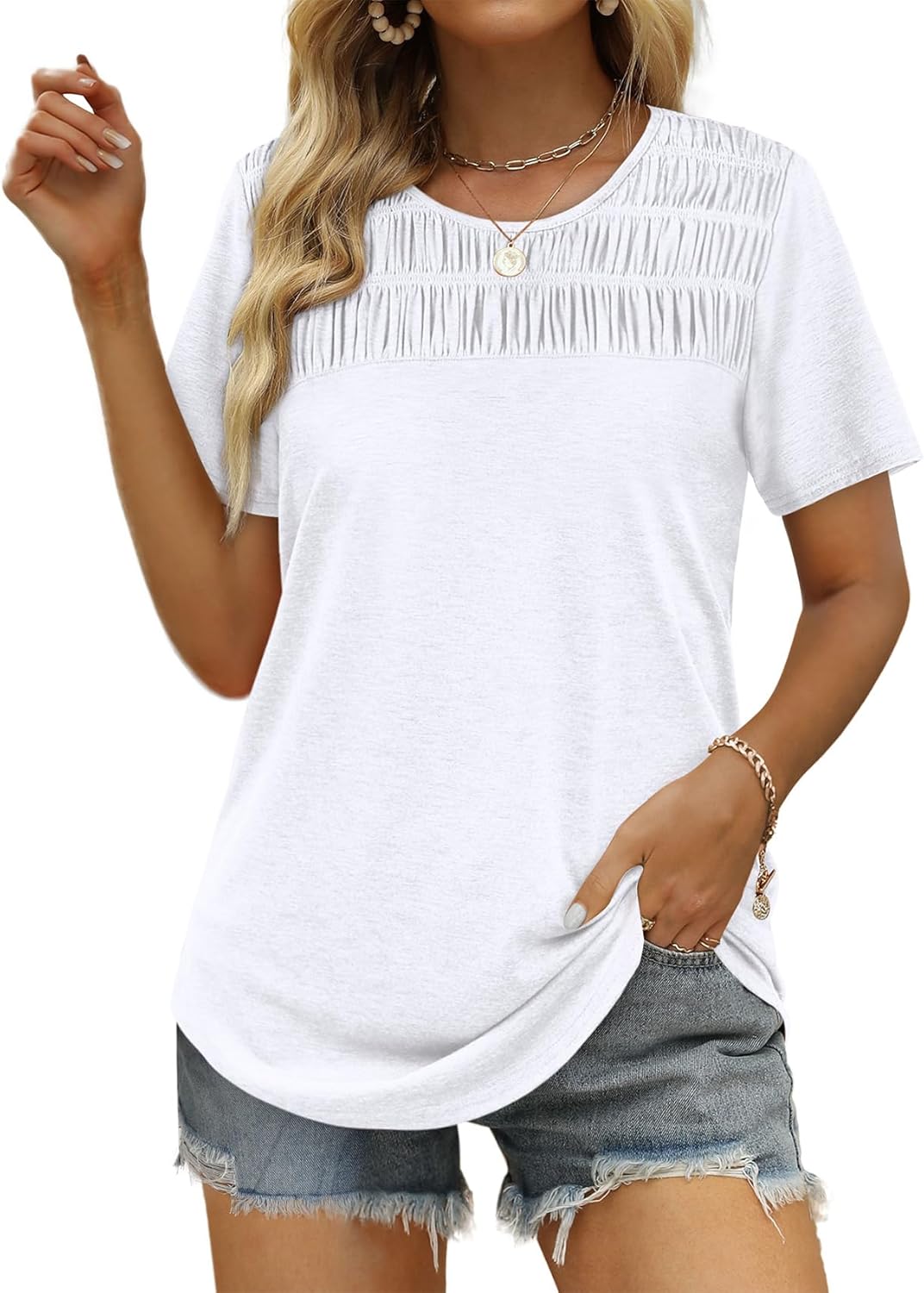 OFEEFAN Women's Summer Tops 2025 Trendy Short Sleeve Shirts Smocked Crewneck Tee...