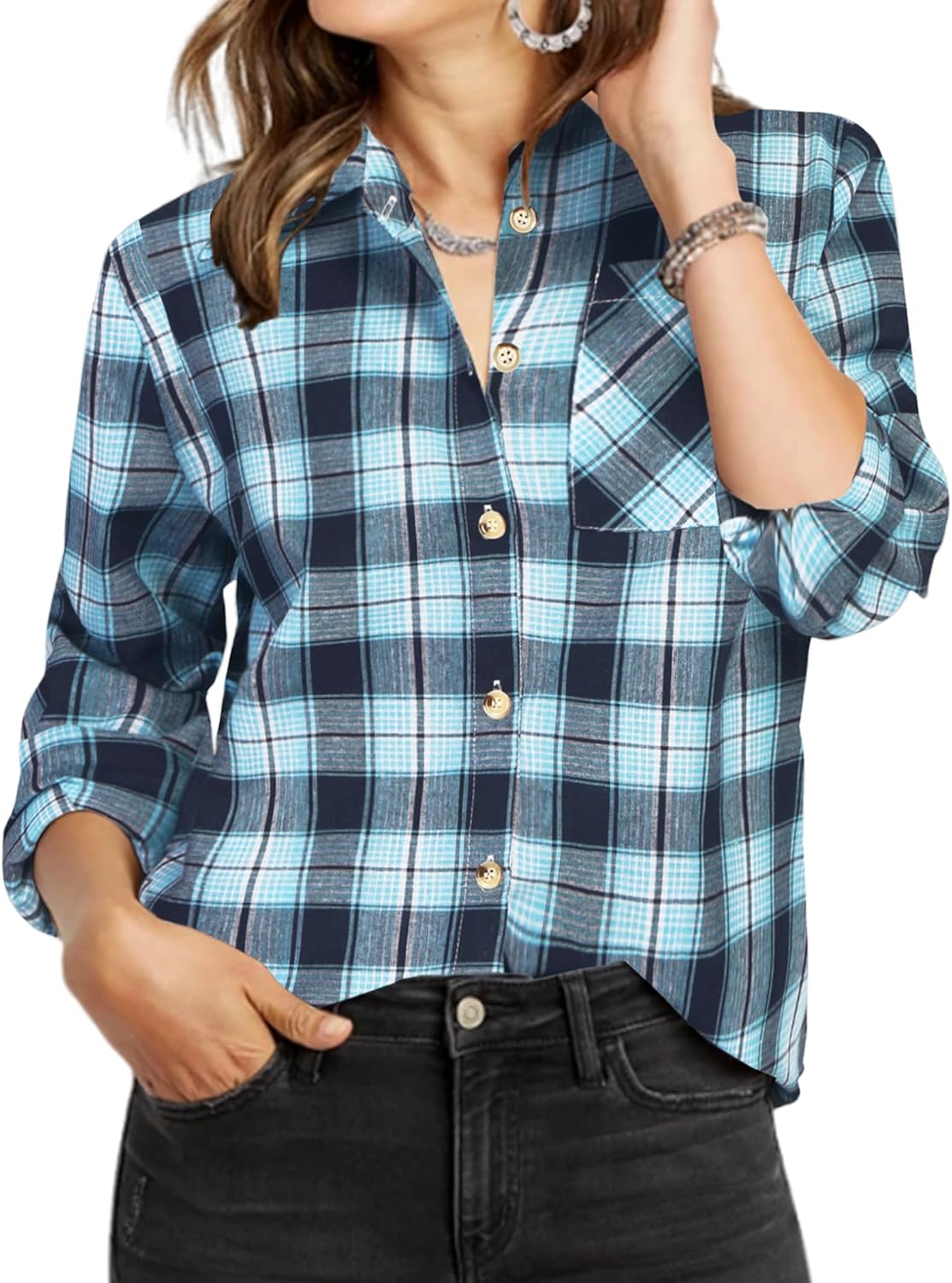 Zeagoo Womens Plaid Shirts Cotton Classic Long Sleeve Button Down Collared Casua...