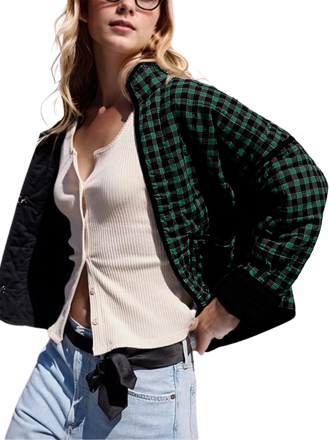Omoone Women's Cropped Quilted Jacket Floral Printed LightWeight Padded Puffer C...
