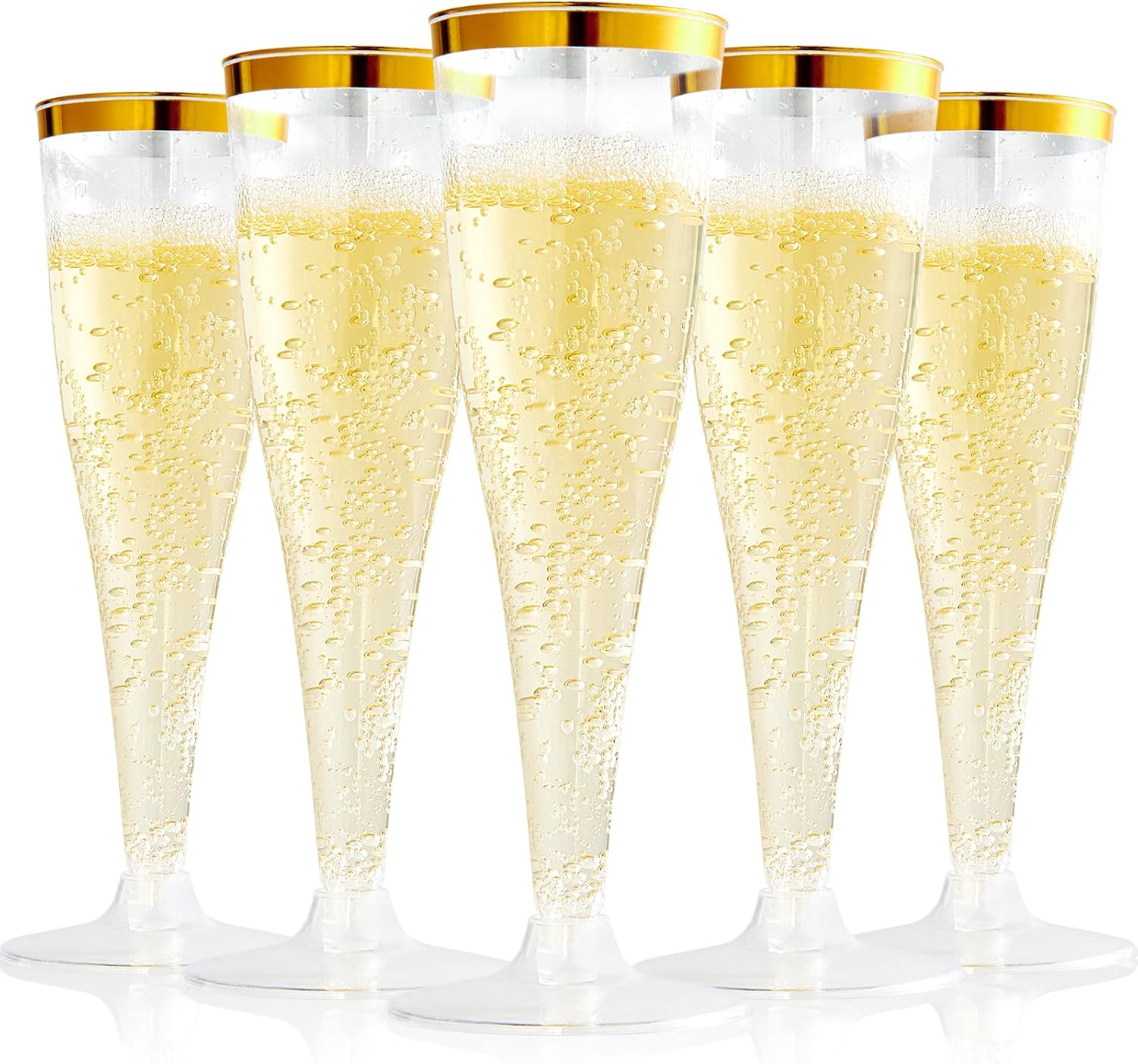 FOCUSLINE 100 Pack Plastic Champagne Flutes, 4.5 Oz Gold Rim Glasses, Disposable...