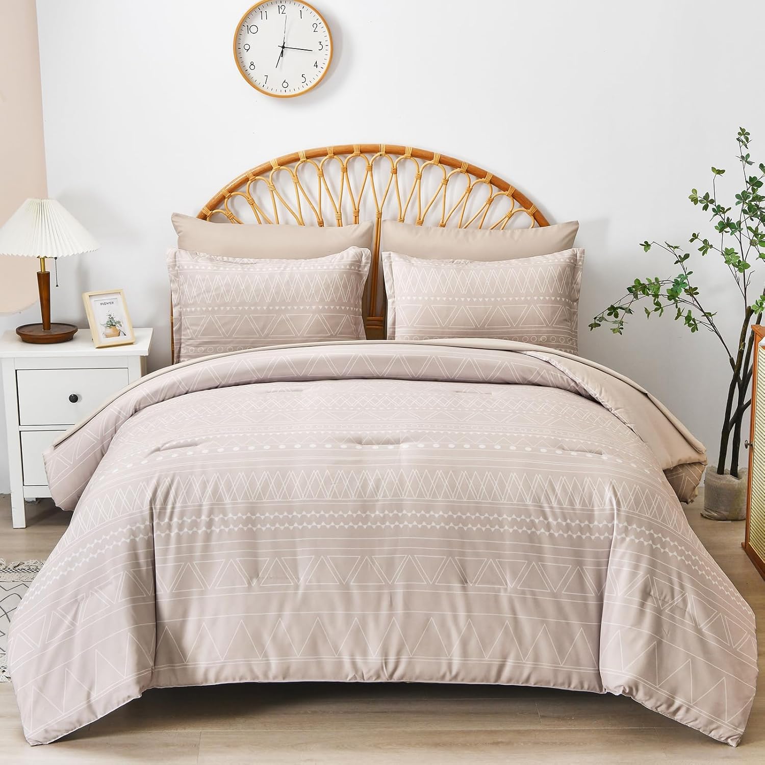 WONGS BEDDING Beige Boho Comforter Set Queen Size 7 Piece Stripe Bed in a Bag Be...