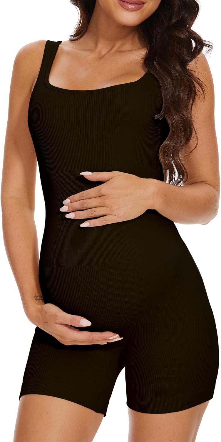 Maternity Workout Romper Pregnancy Yoga Ribbed One Piece Seamless Tank Top Jumps...