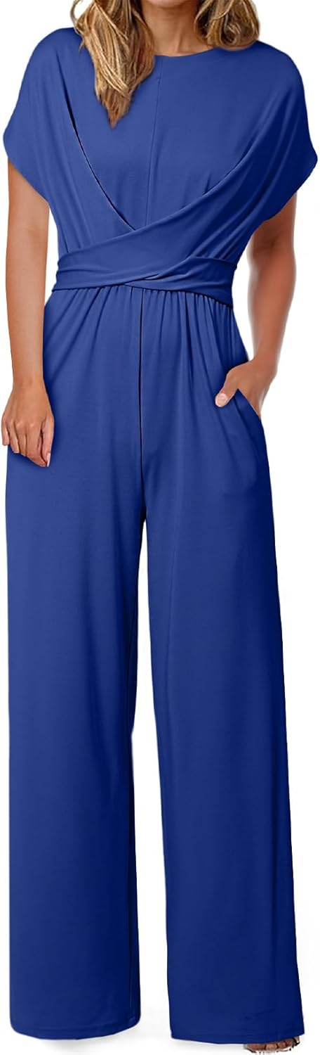 Happy Sailed Women Jumpsuits Dressy Short Sleeve Front Crisscross Tie Waist Belt...