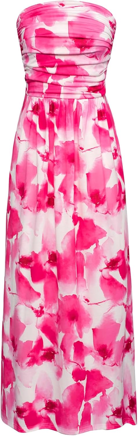 GRACE KARIN Women Strapless Casual Loose Ruched Long Maxi Dress with Pockets Pin...