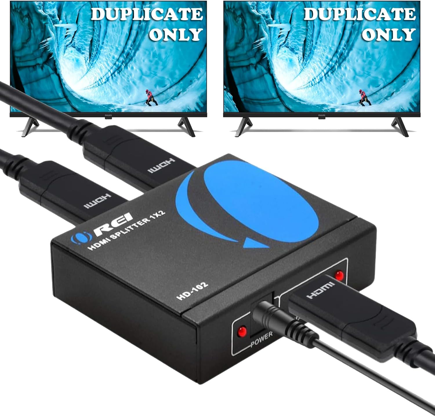 OREI HDMI Splitter 1 in2 Out 4K - 1x2 HDMI Display Duplicate/Mirror - Powered Sp...