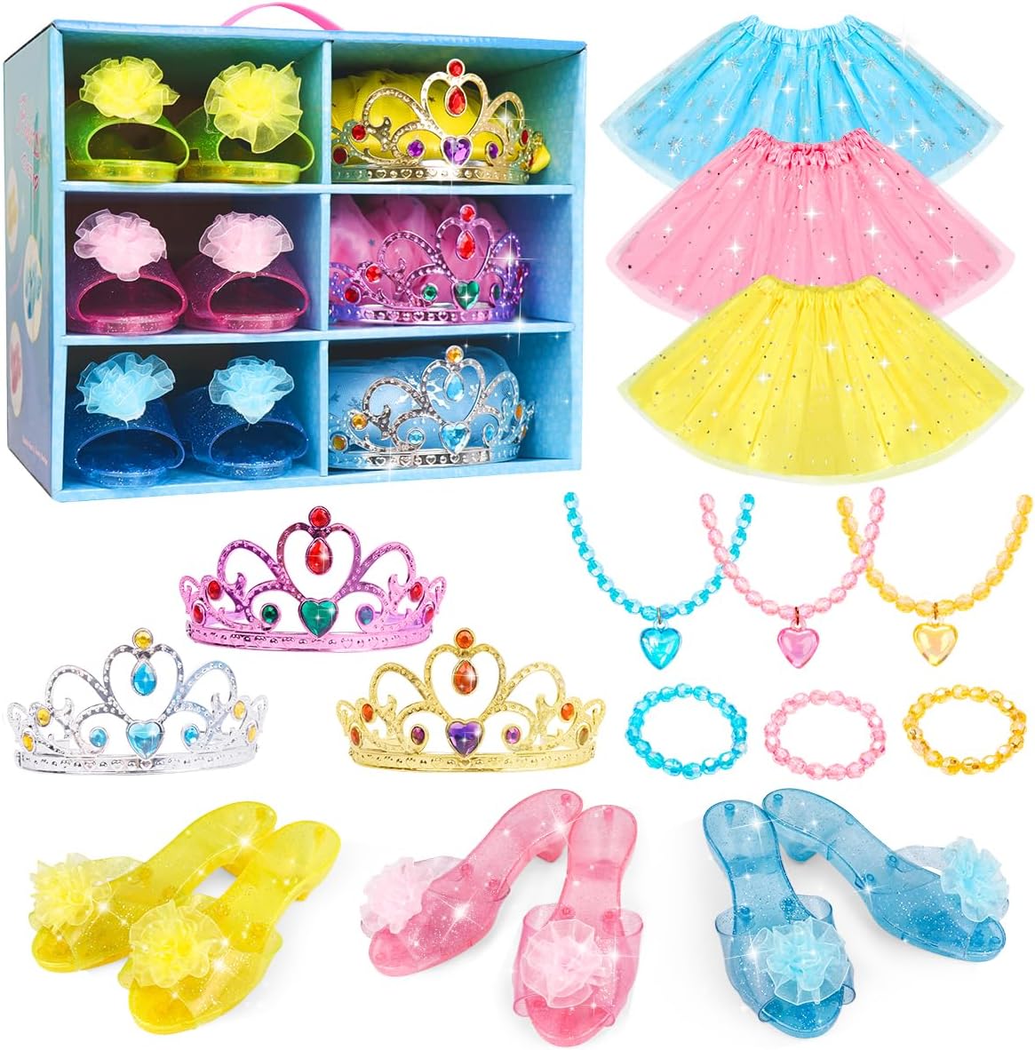 Princess Dress Up Shoes - Girls Princess Toys Costume with 3 Crowns Tiaras, 3 Pa...