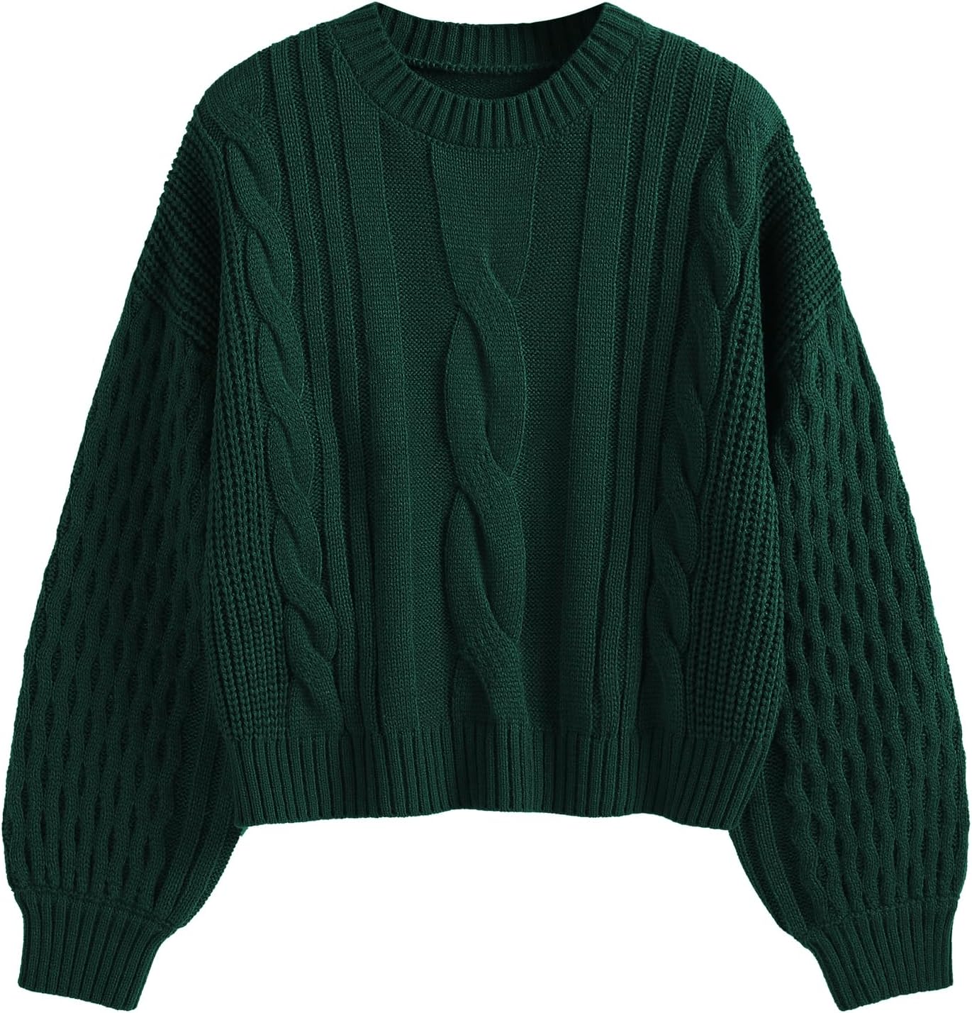 ZAFUL Women's Solid Knit Cable Sweater Casual Long Lantern Sleeve Pullover Crew...