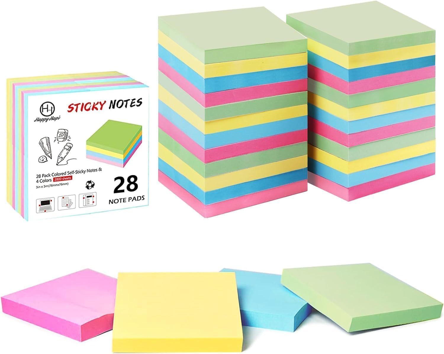 HappyHapi Sticky Notes 3x3 Inches Bulk 28 Pack 2800 Sheets Colored Self-Stick Pa...