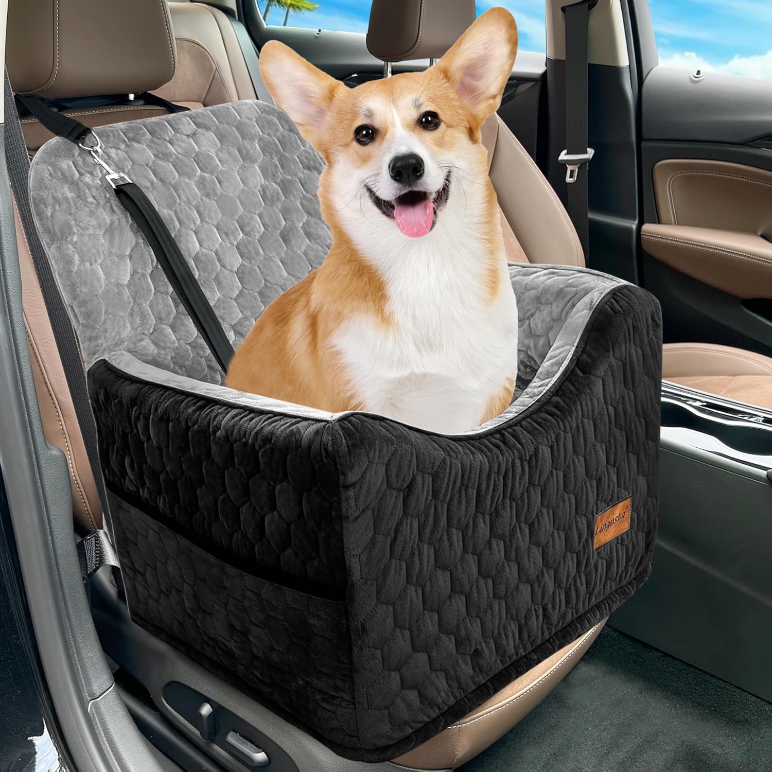 Dog Car Seat - Small/Medium Dog Booster Seat & Bed, Washable, Black/Gray, Up to...