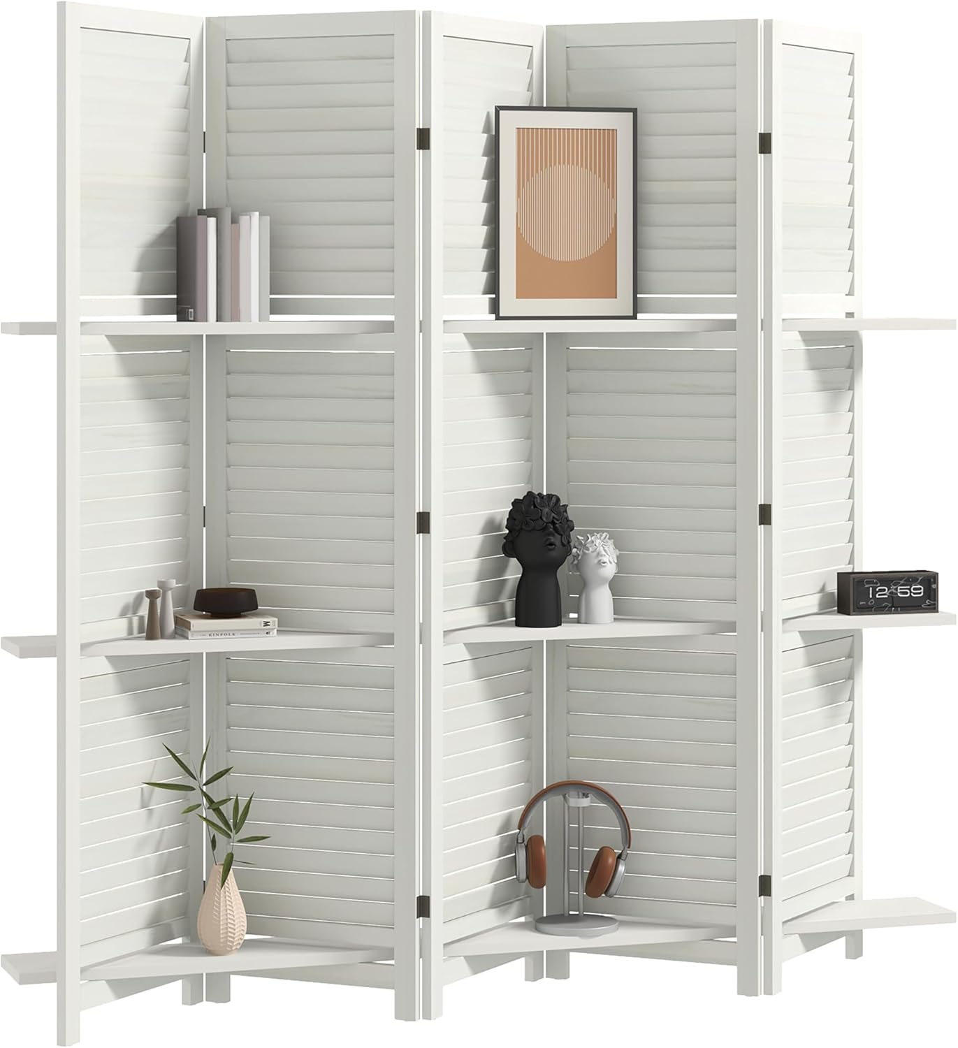 HOMCOM Room Divider, 5 Panel 67" Tall Wood Privacy Screen with 3 Display Shelves...