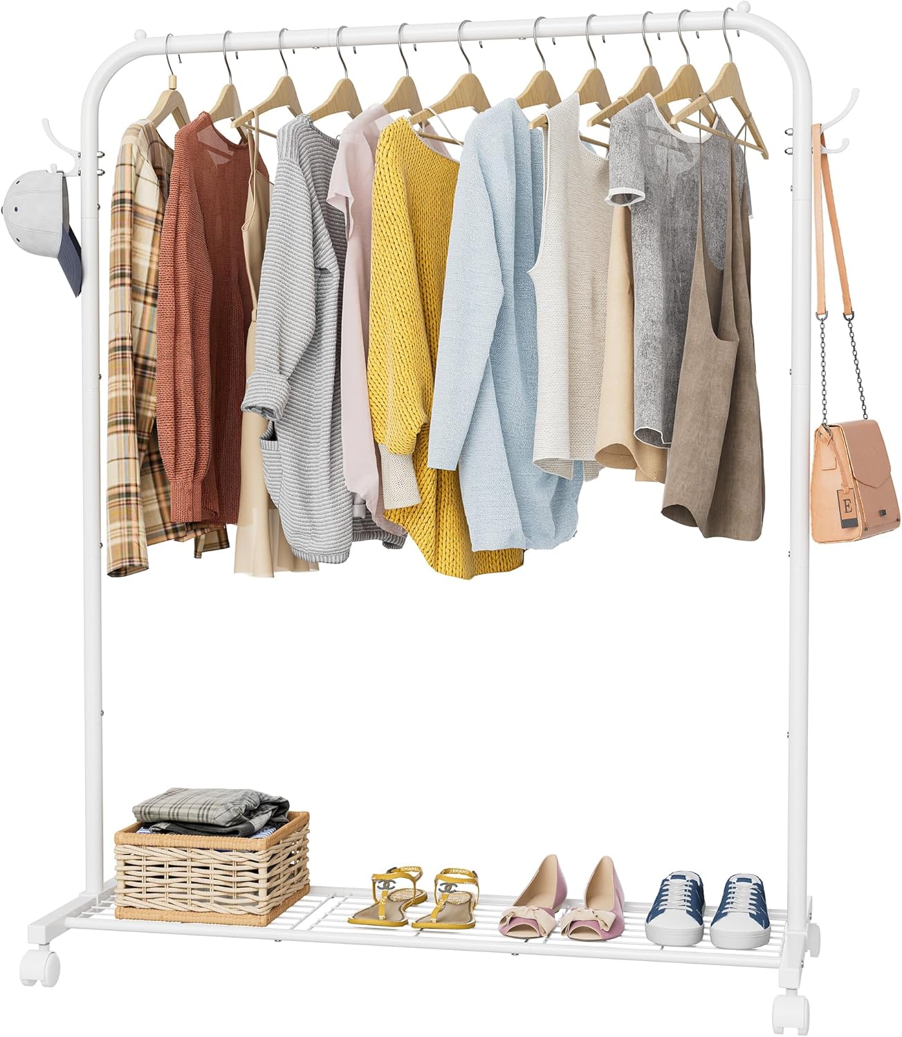 Clothes Rail, Portable Clothes Rack with Hook and Metal Storage Shelf, Heavy Dut...