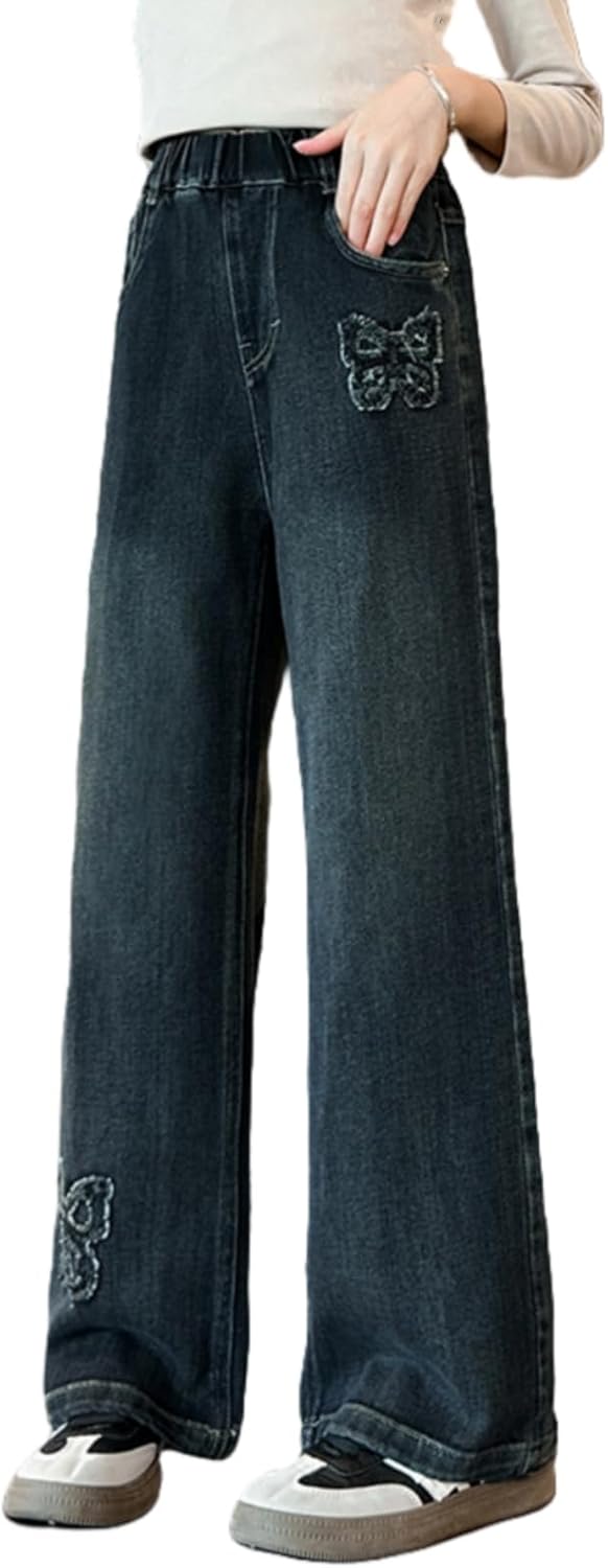 Rolanko Girls Jeans Bootcut Ripped Elasticated Waist Retro Style Denim Pants for...