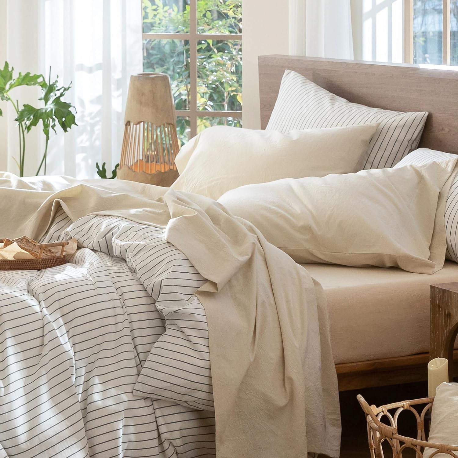 MooMee Bedding Sheet Set 100% Washed Cotton Linen Like Textured Breathable Durab...