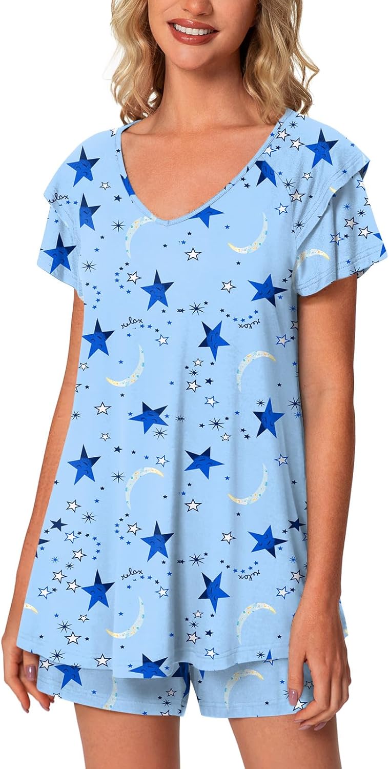 Aodemo Womens Summer Pajama Sets Ruffle Short Sleeves Sleepwear 2 Piece Pjs Loun...