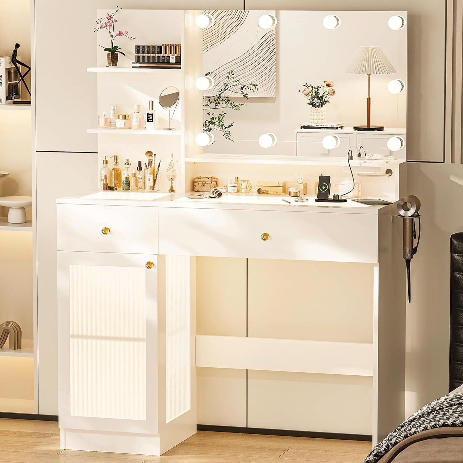40" Vanity Desk with Large Mirror and Lights, Modern Glass Top Makeup Vanity Set...