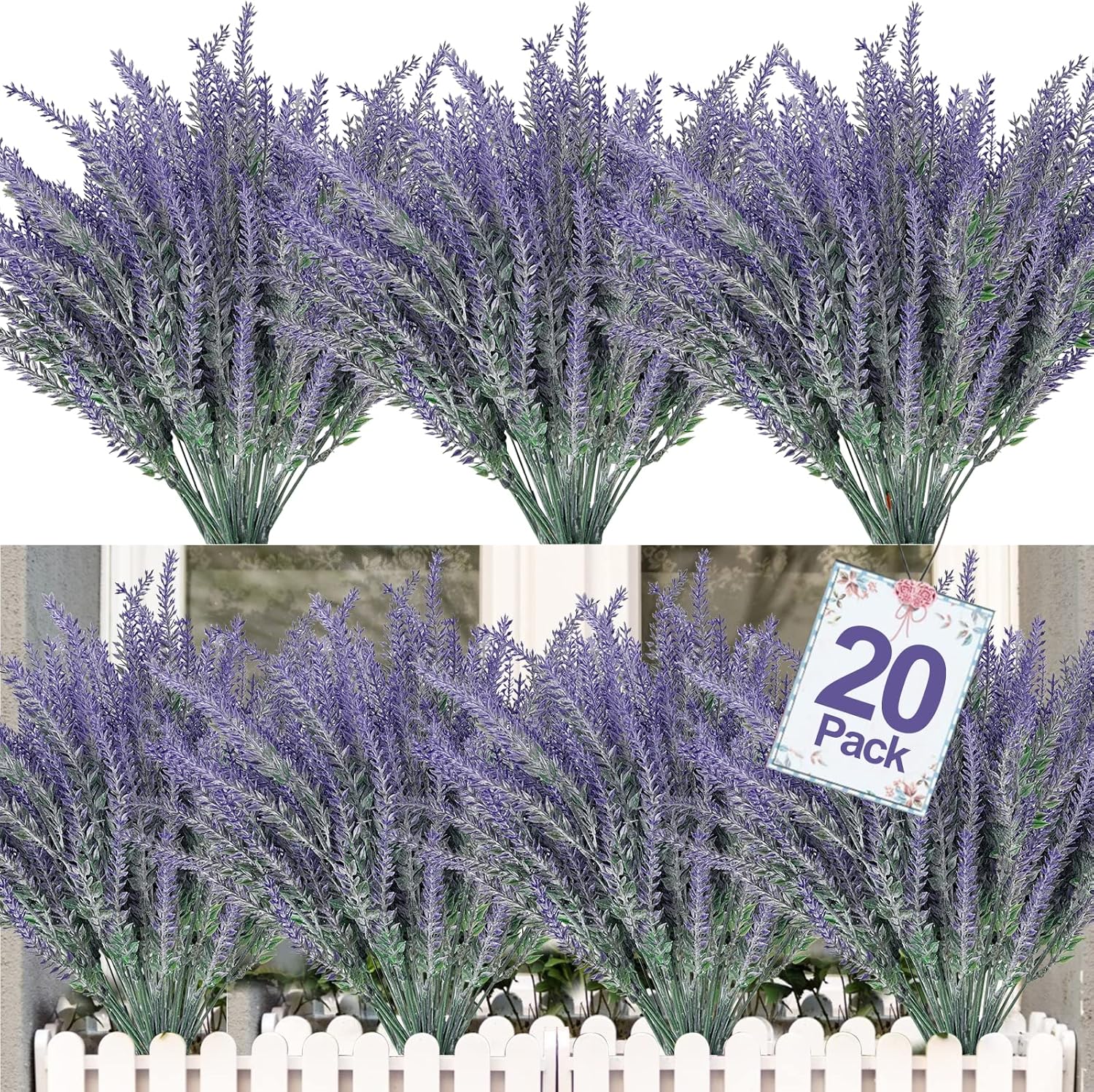 TURNMEON 20 Bundles Artificial Lavender Outdoor UV Resistant Flowers Plastic Fak...