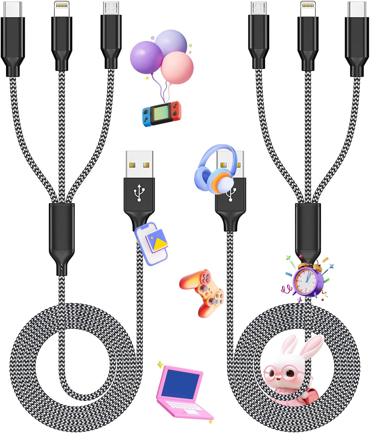 Multi Charging Cable,(2Pack 4FT) USB Cable Multi Charging Cord 3 in 1 Charging C...