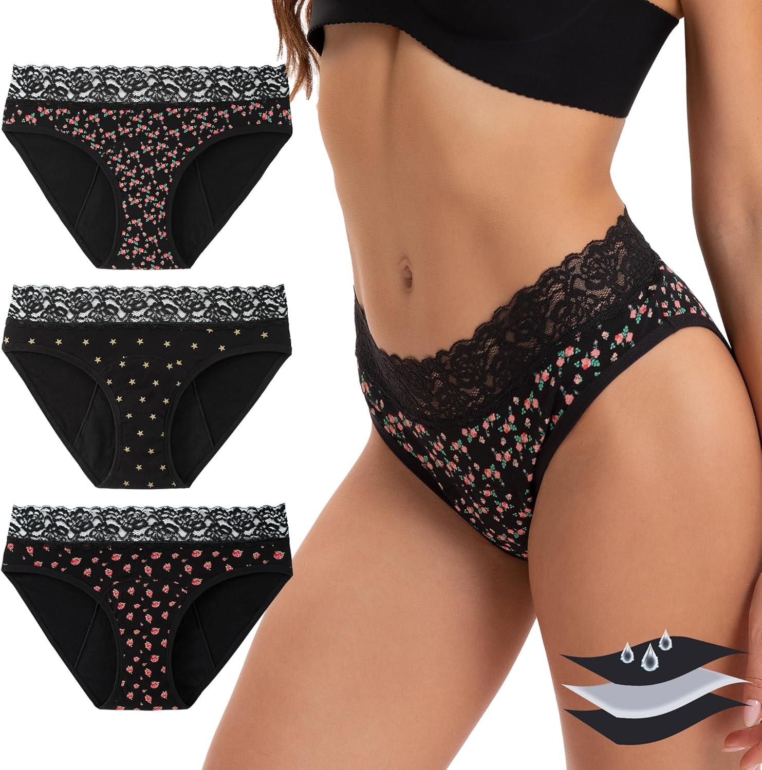 INNERSY Women's Cotton Lace Period Underwear Postpartum Hipster Panties Menstrua...