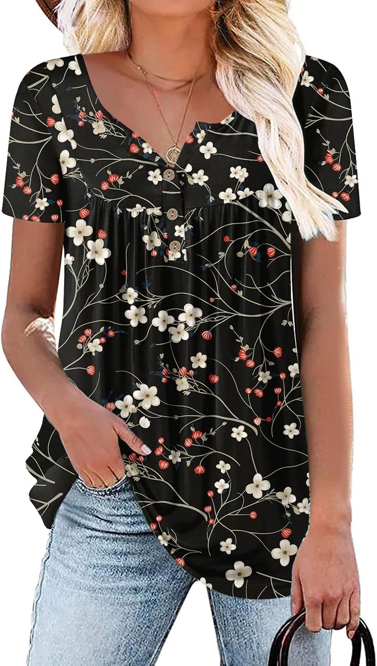 Aodemo Womens Summer Tops 2025 Short Sleeve Shirts Henley Loose Fit Tunic Ladies...
