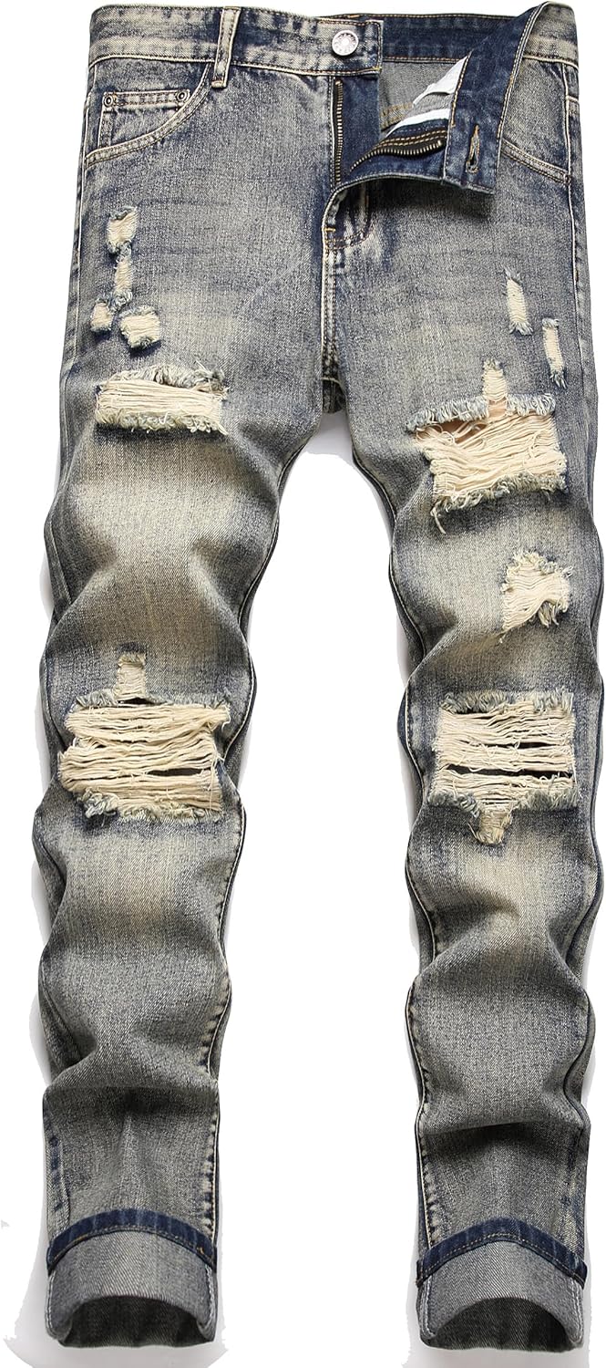 Men's Ripped Distressed Destroyed Straight Fit Washed Denim Jeans Pants 34 3387...