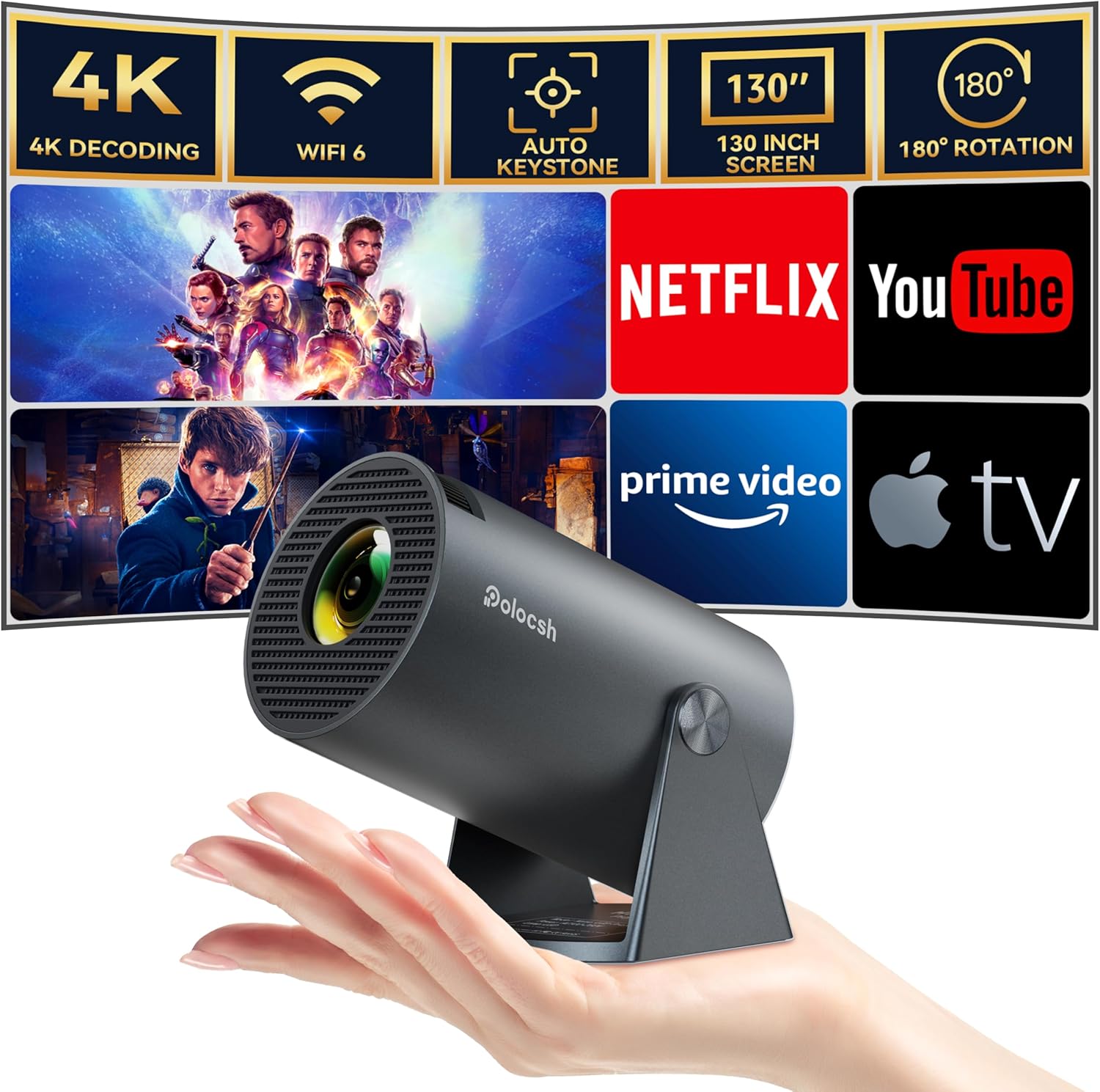 Mini Projector, Polocsh Projector WiFi6 and BT5.2, Portable Projektor 4K Support...