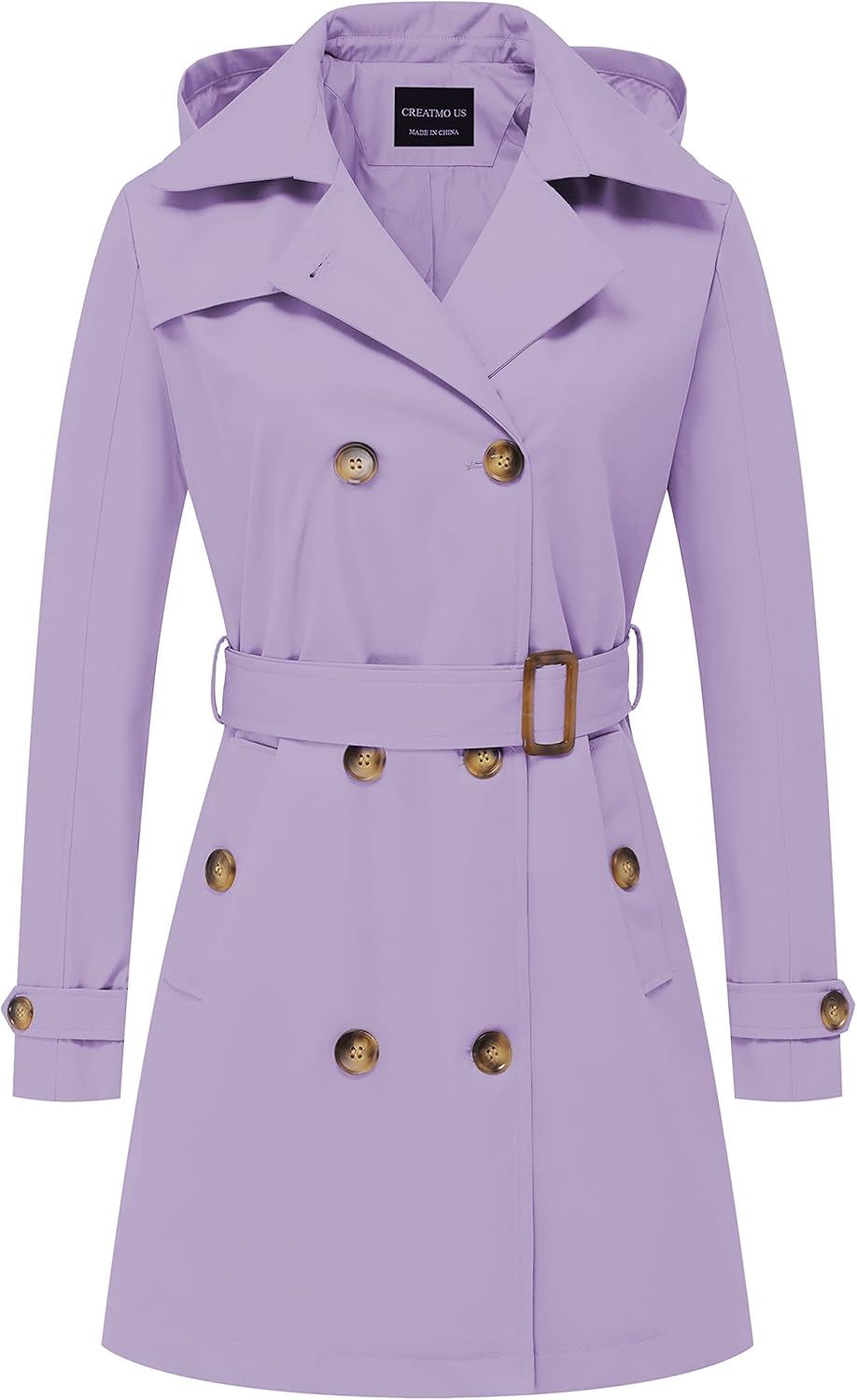 CREATMO US Women's Trench Coat Double-Breasted Classic Lapel Overcoat Belted Sli...