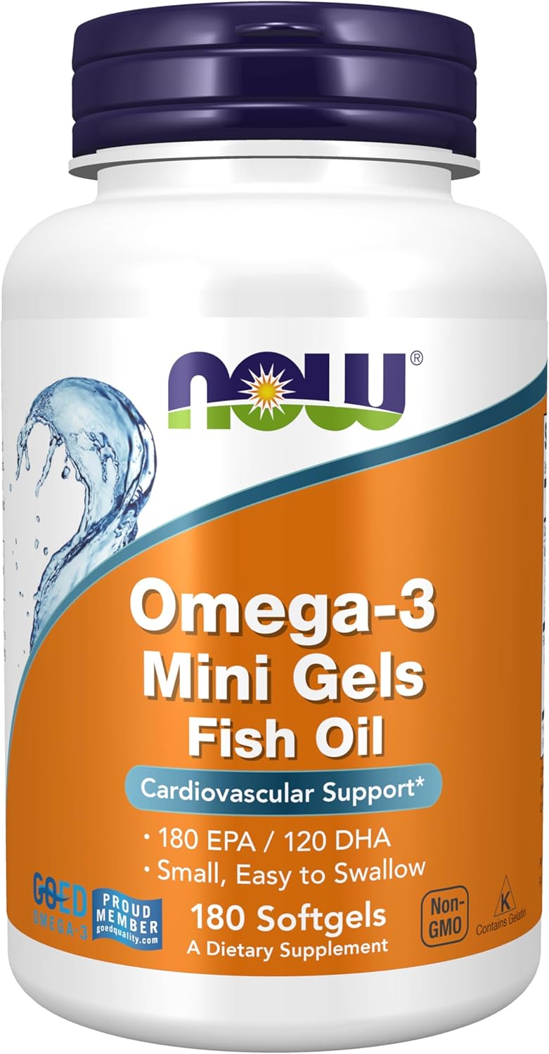 NOW Supplements, Omega-3 Mini Gels, 180 EPA/120 DHA, Molecularly Distilled, Card...