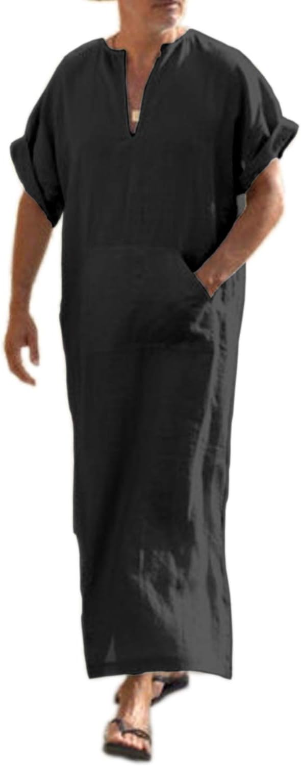 COOFANDY Men's V-Neck Linen Robe Short Sleeve Kaftan Thobe Long Gown Casual Shir...