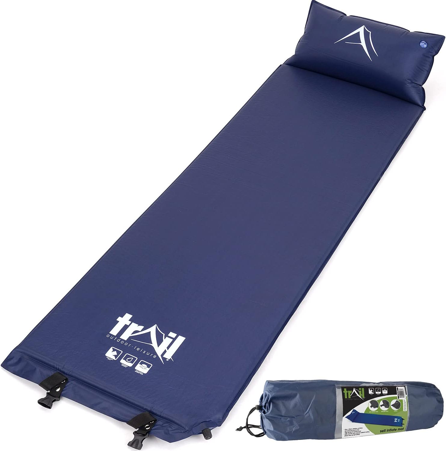 Trail Self Inflating Camping Mat With Pillow 2.5cm Thick Single Sleeping Pad Wit...
