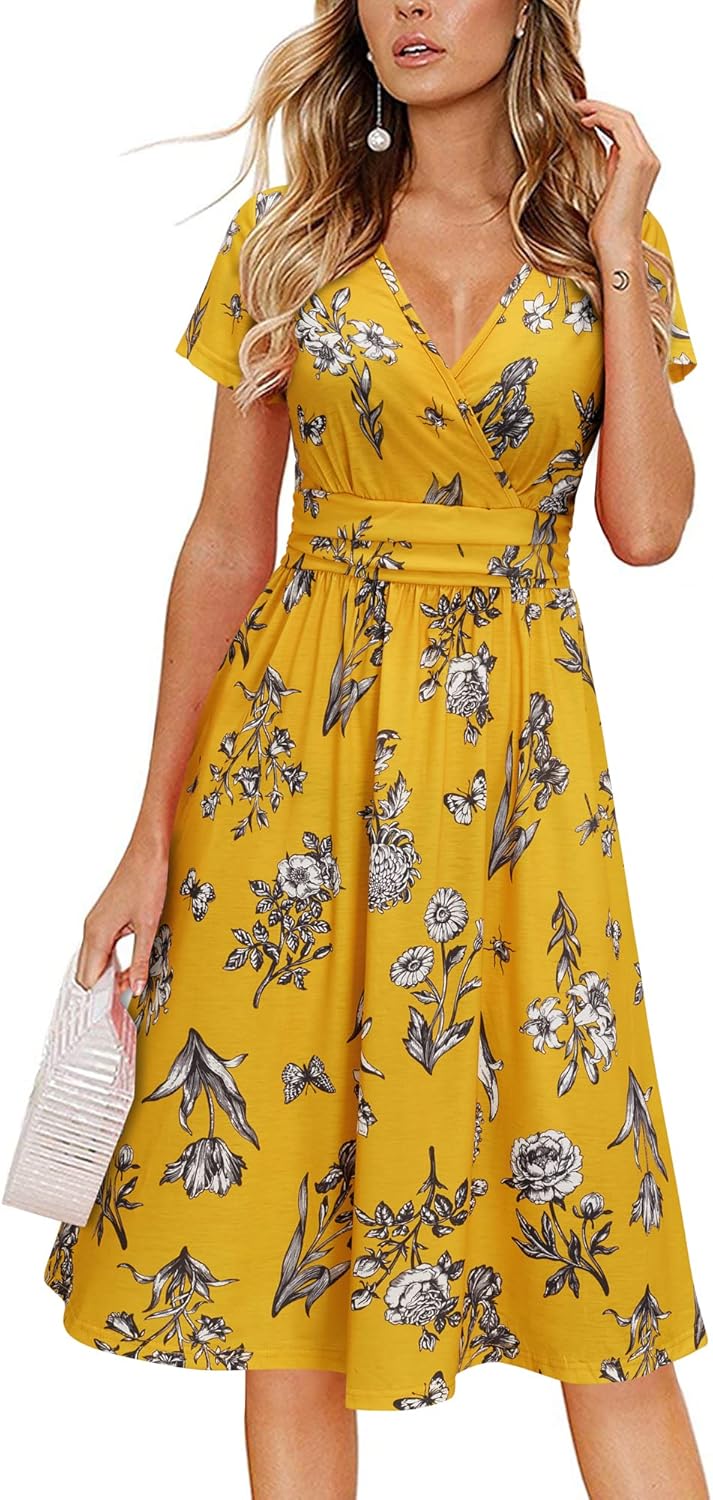 Newshows Womens Summer Short Sleeve Casual Dresses V Neck Floral Vacation Sundre...