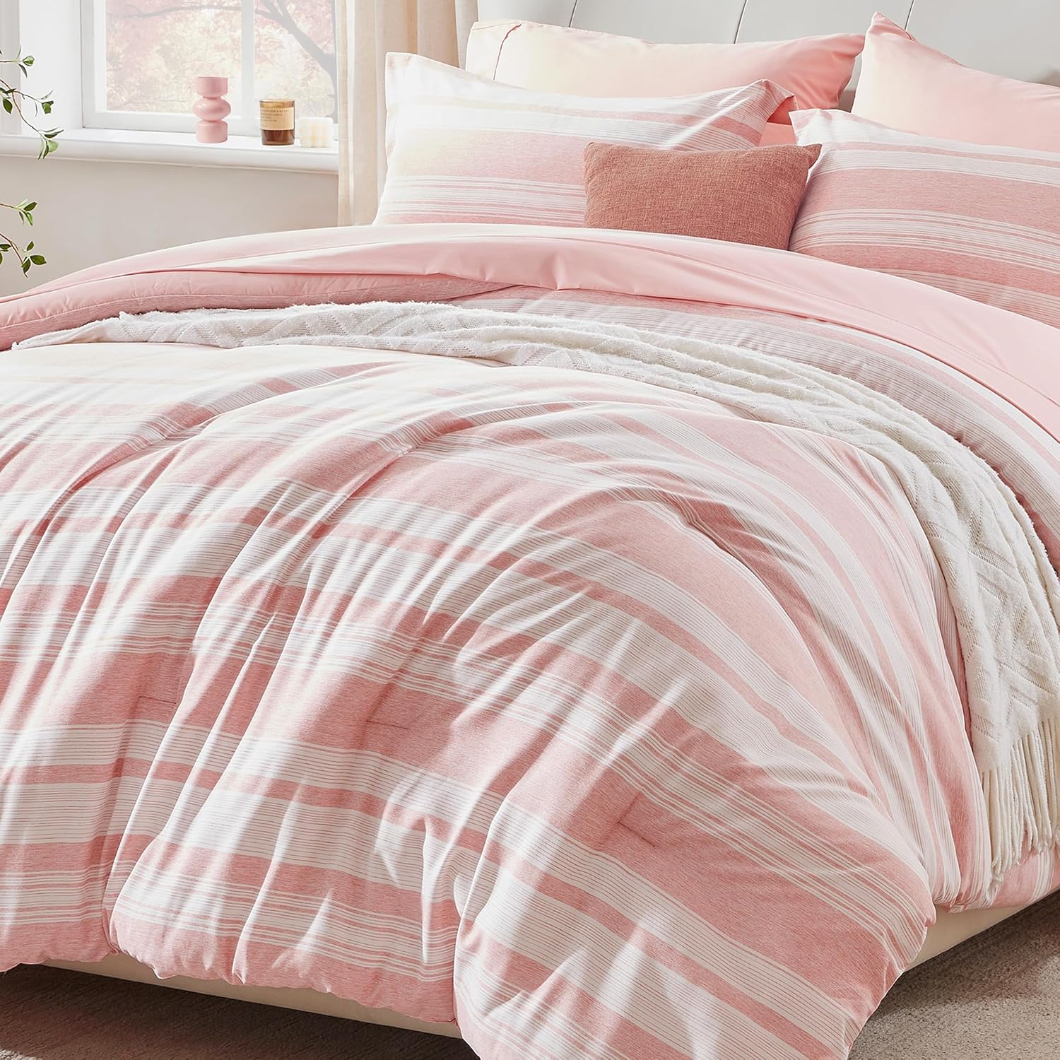 UNILIBRA King Size Comforter Set, 7 Pieces Bed in a Bag Pink Striped, Lightweigh...