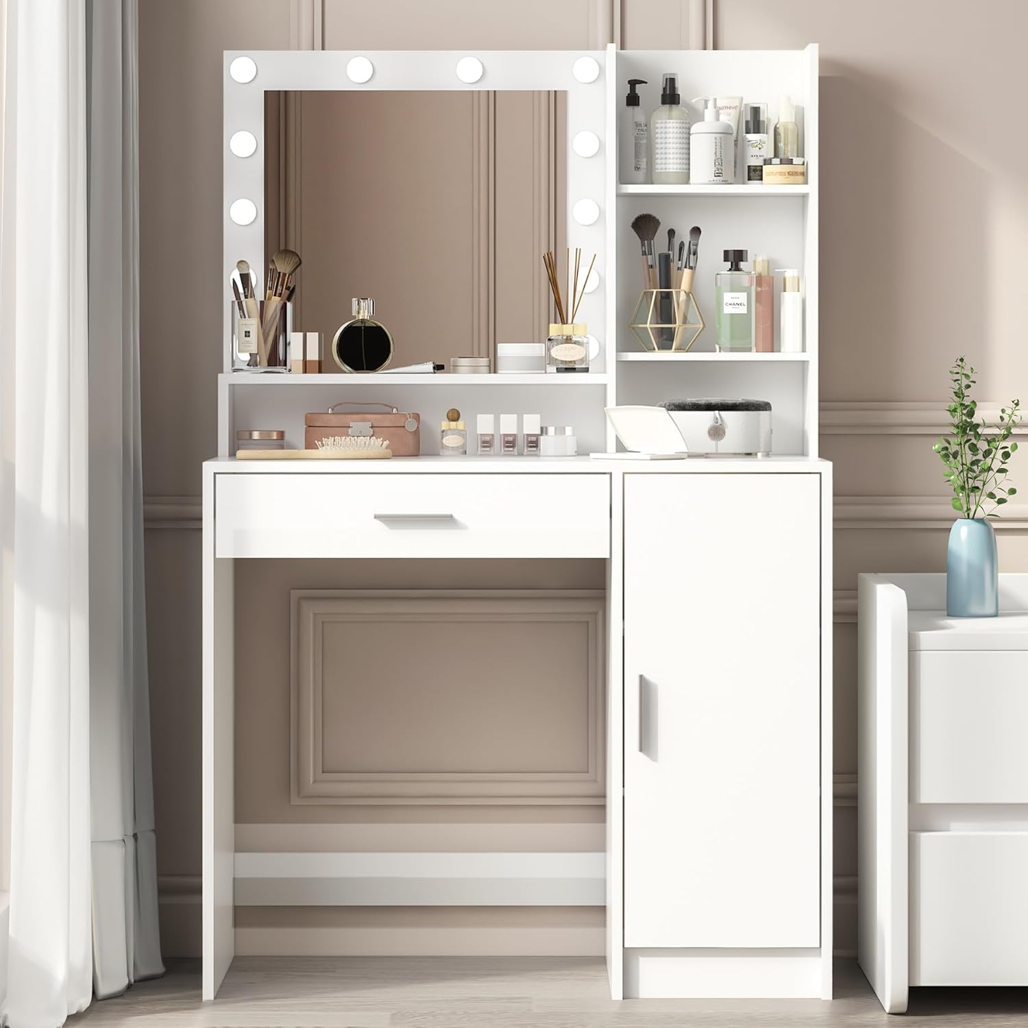 Vanity Desk with Mirror and Light, Large Drawer an...