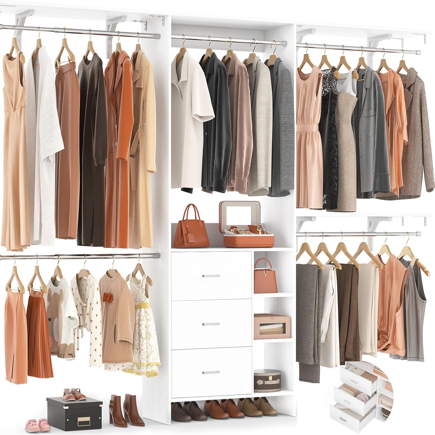 Aheaplus Closet System, Closet Organizer with 3 Wooden Drawers, 8FT Closet Organ...