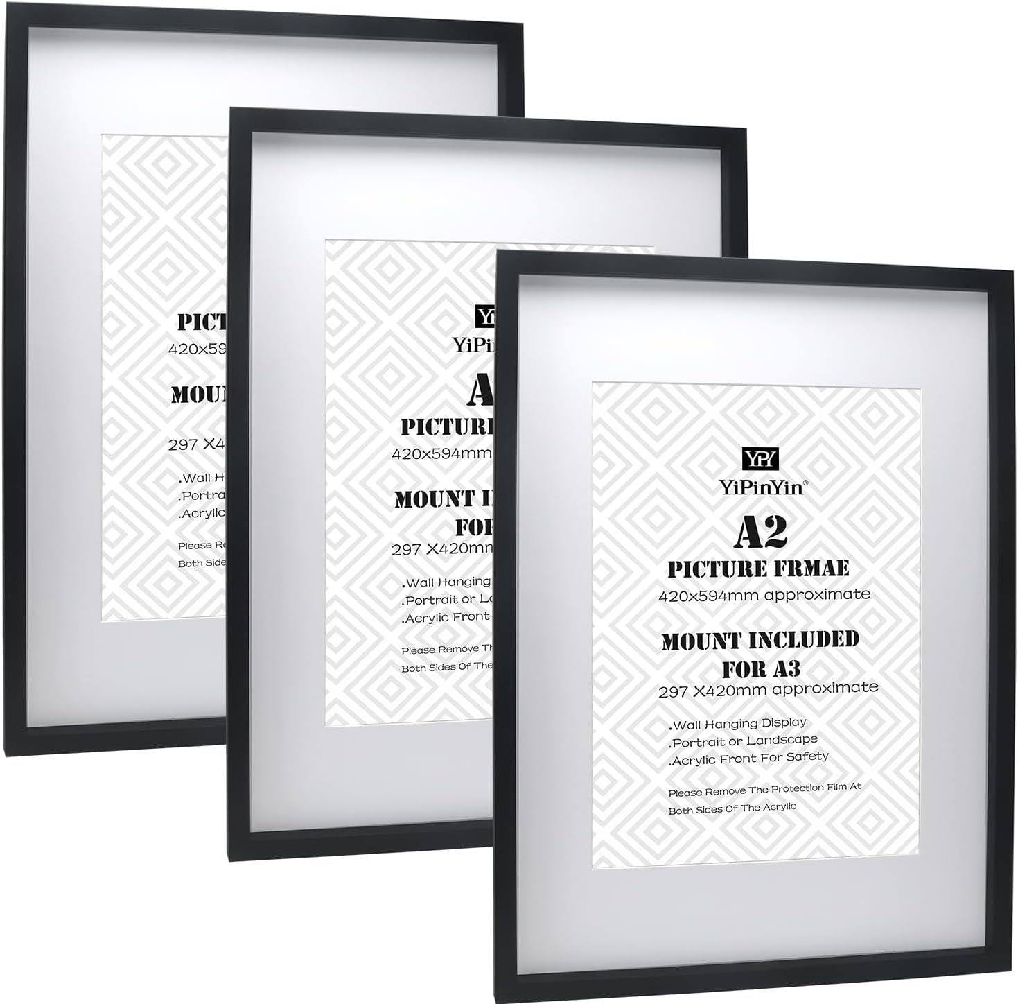Black A2(42x59.4cm) Boxed Picture Frames Set of 3 with Mounts for A3(29.7X42CM),...