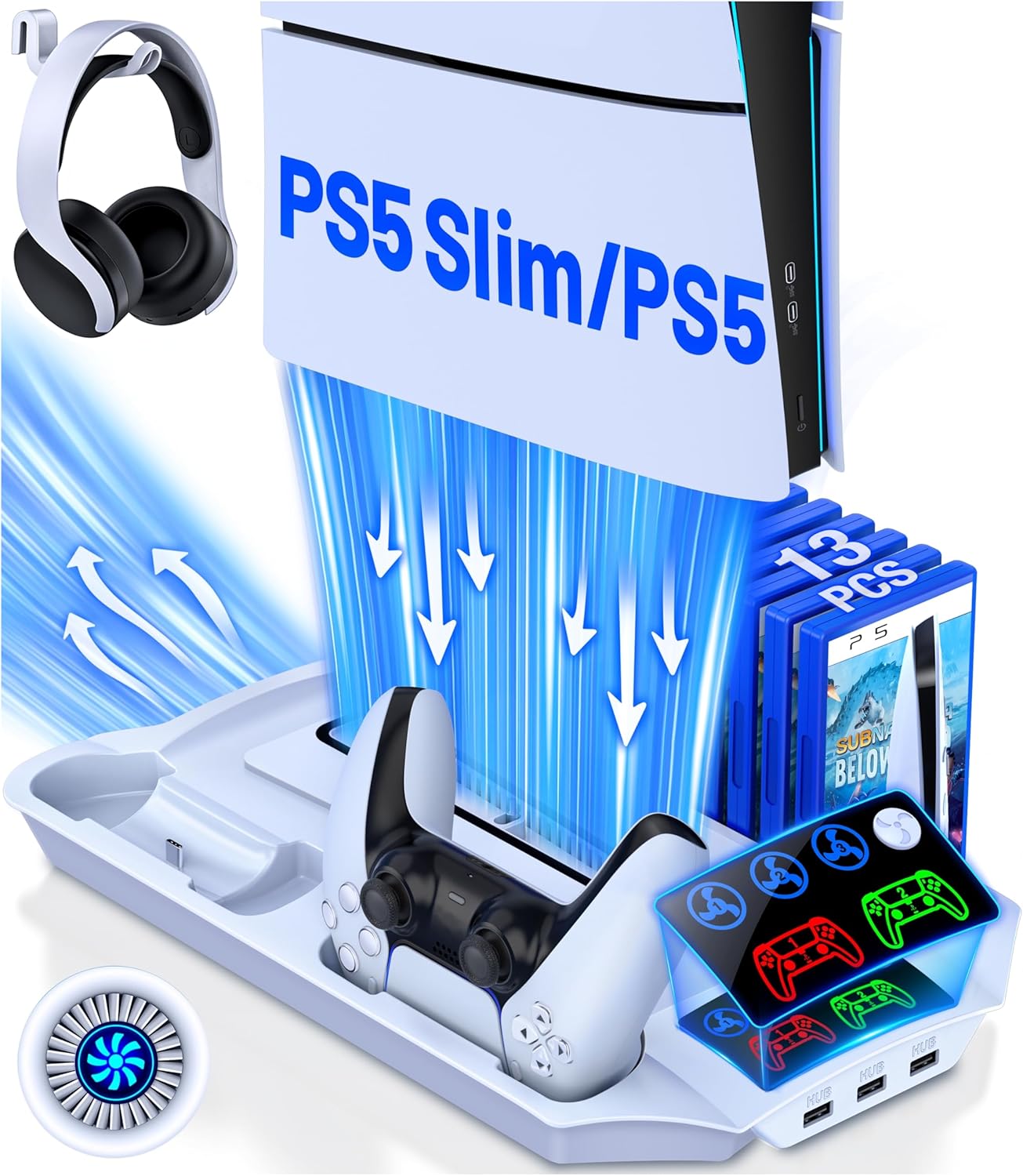 HEYLICOOL Accessories for PS5/PS5 Slim Stand with 3 Level Cooling Fan, PS5 Holde...