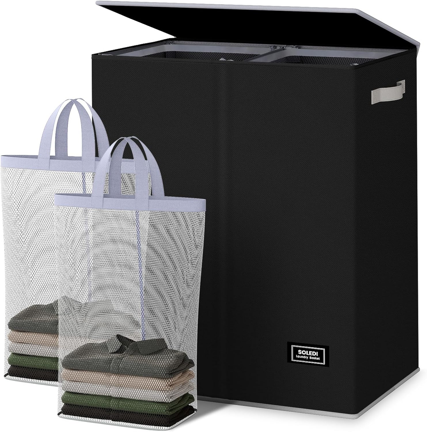 SOLEDI 145L Double Laundry Basket with Lid and Removable Bags, Large Laundry Ham...