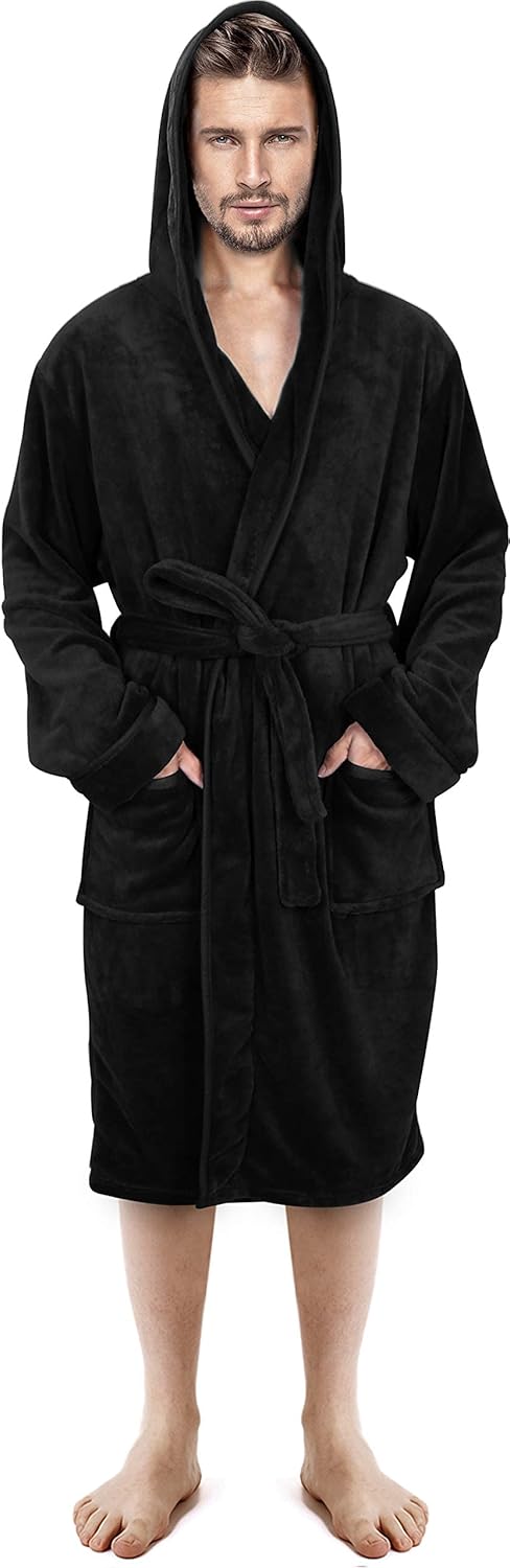 NY Threads Luxury Men’s Hooded Dressing Gown Super Soft Men’s Fleece Robe Cozy H...