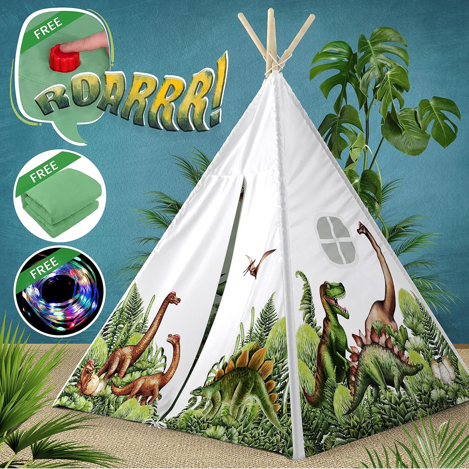 W&O Dinosaur Discovery Teepee with Roar Button, LED Lights & Plush Mat - The Mos...