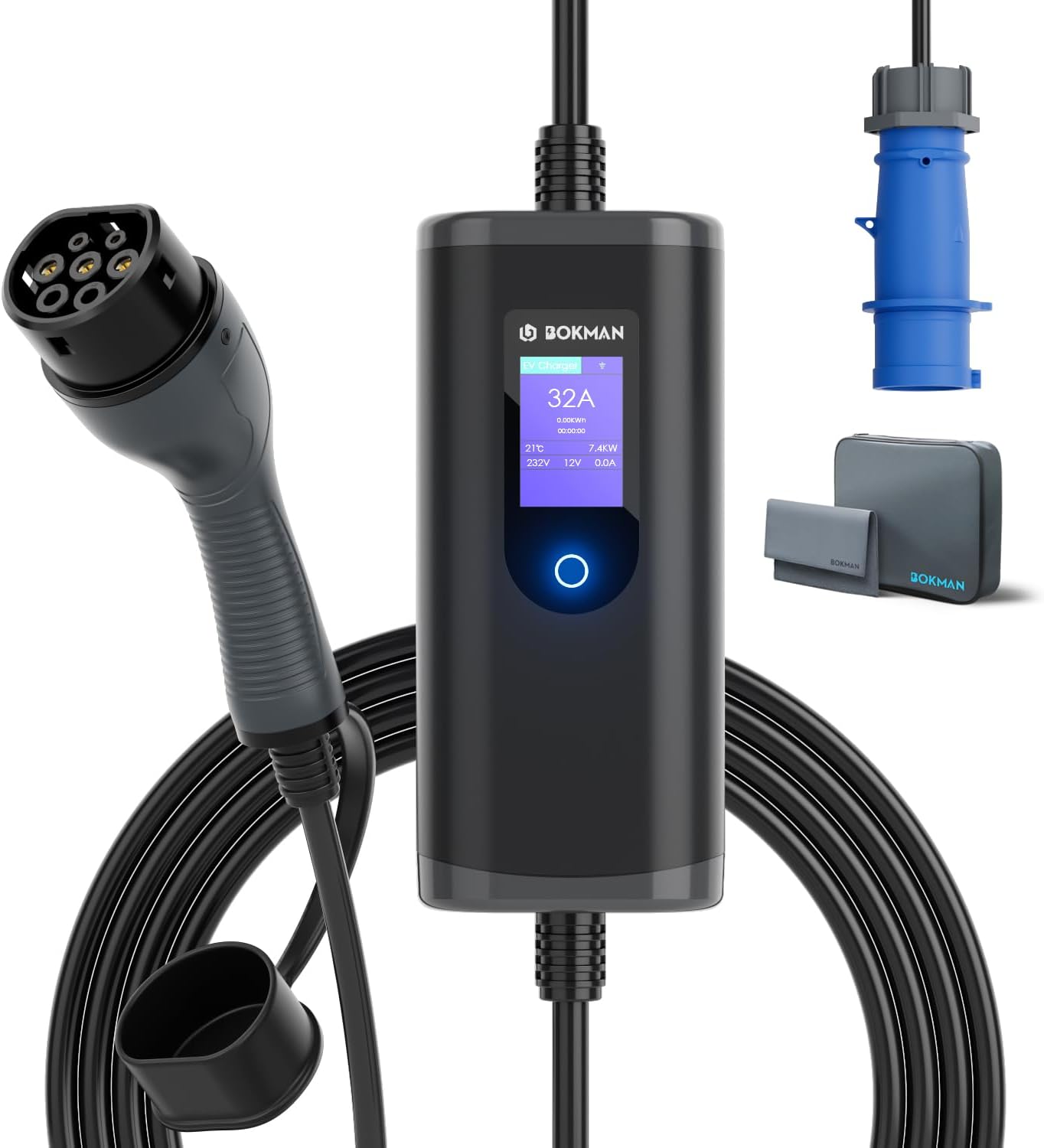 bokman EV Charger Type 2 to CEE Plug, 8M / 7.4kW / 6-32A Adjustable Current / 1...