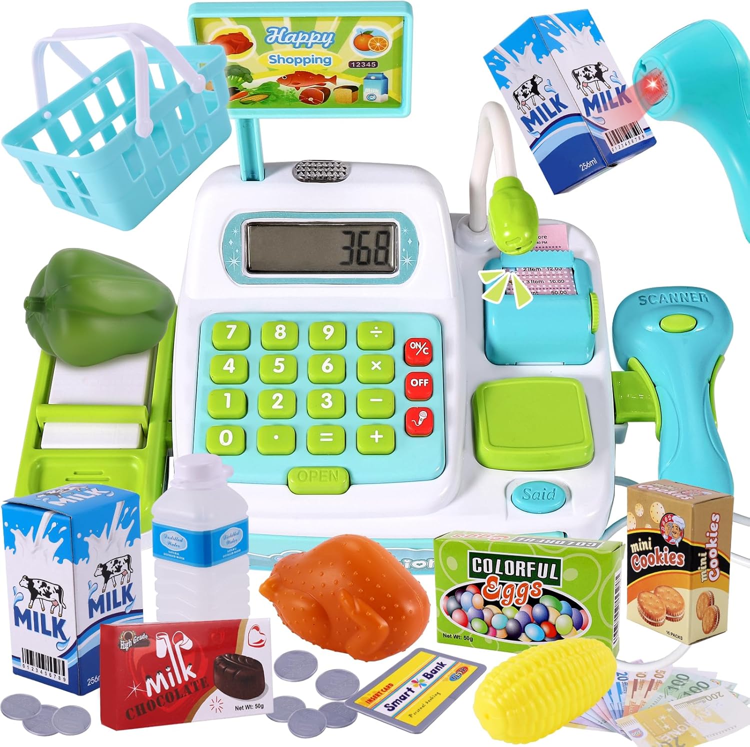 BUYGER Kids Pretend Play Toy Till Cash Register with Scanner for Ages 3 4 5 + Ye...